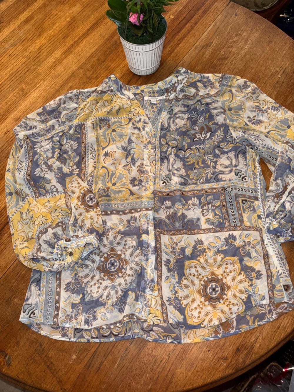 Chico's Paisley Patchwork Top in Blue, Yellow & Cream